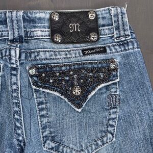 Miss Me Boot Cut Jeans Blue Back Flap Dark Wash W/Accents